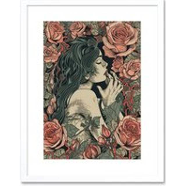 Wall Art Print Kiss from a Rose Pastel Red and Green Artwork Framed 9X7 Inch - White - W7 inch x H9 inch