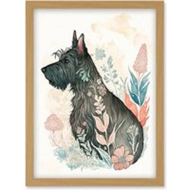 Scottish Terrier Dog in Flower Field Bright Modern Multicoloured Watercolour Illustration Artwork Framed Wall Art Print A4 - Tan - One Size