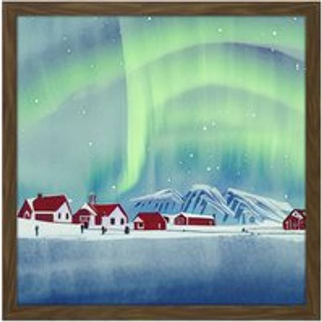 Wall Art Print Norway Northern Lights Snow Mountain Vibrant Sky Winter Red Houses Village Square Framed Picture 16X16 Inch - Brown - W16 inch x H16 in - W16 inch x H16 inch