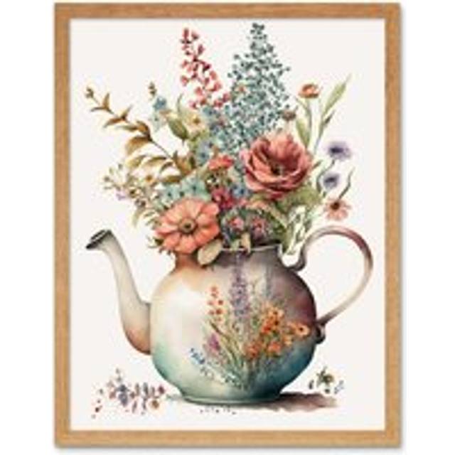 Wall Art Print Flower Bouquet in a Floral Design Ceramic Teapot Art Framed - Tan - W12 inch x H16 inch