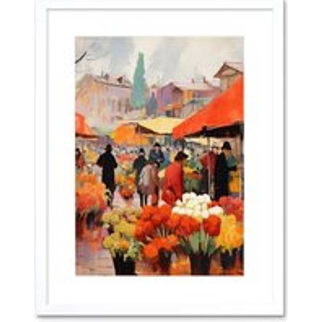 Wall Art Print Busy Flower Market Warm Amber Orange Yellow Oil Painting Artwork Framed 9X7 Inch - White - W7 inch x H9 inch