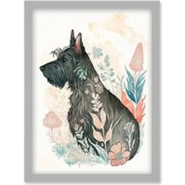 Scottish Terrier Dog in Flower Field Bright Modern Multicoloured Watercolour Illustration Artwork Framed Wall Art Print A4 - Grey - One Size