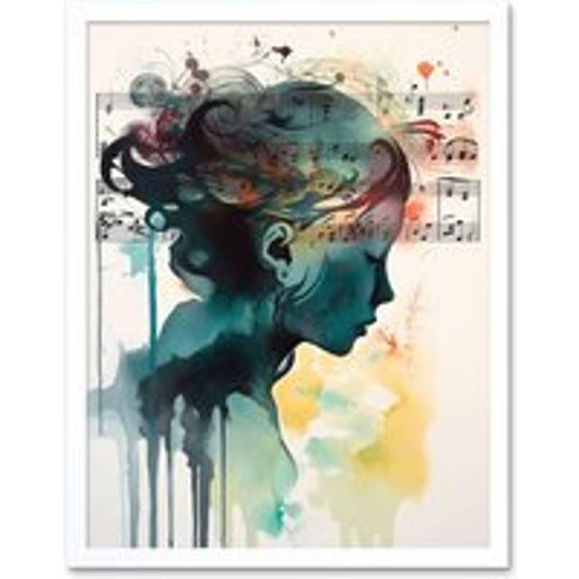 Wall Art Print Music on my Mind Singing in my Head Modern Portrait Watercolour Art Framed - White - W12 inch x H16 inch