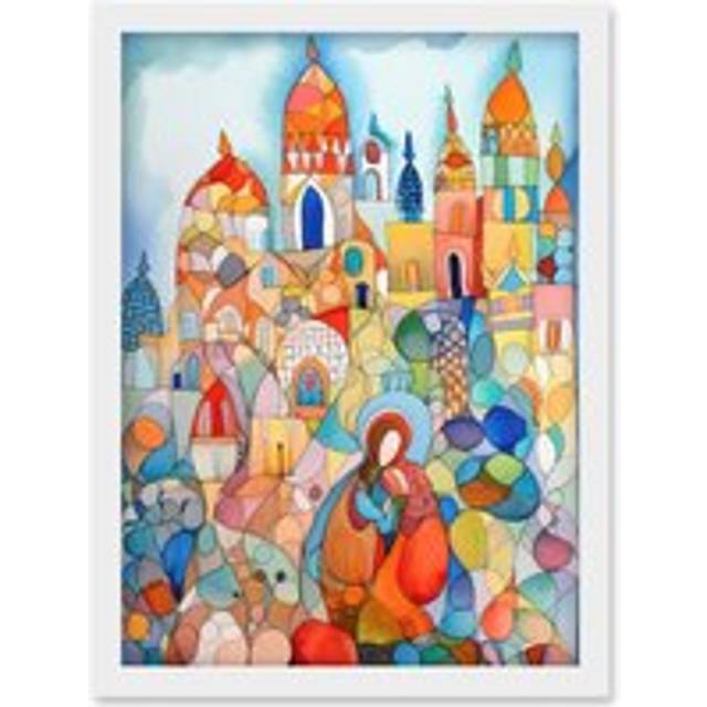 Abstract Moroccan Cityscape Folk Art Artwork Framed Wall Art Print A4 - White - One Size
