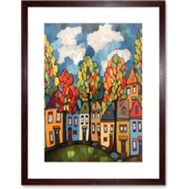 Wall Art Print Multicoloured Row Of Houses With Autumn Trees Contemporary Folk Art Painting Artwork Framed 9X7 Inch - Brown - W7 inch x H9 inch