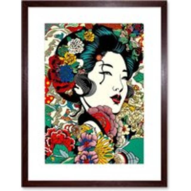 Wall Art Print Modern Geisha Portrait Flower Patterns Bright Floral Japan Japan Sage Green Artwork Framed 9X7 Inch - Brown - W7 inch x H9 inch