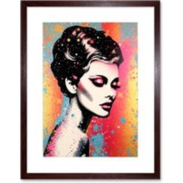Wall Art Print Stars in Hair Female Portrait Linocut Blue Yellow Pink Glam Glitter Aesthetic Teen Room Artwork Framed 9X7 Inch - Brown - W7 inch x H9 - W7 inch x H9 inch