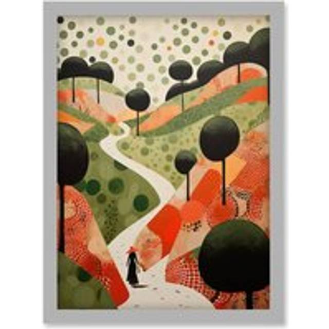 Wall Art Print Walk on the Countryside Hill Path Folk Art Oil Painting Red Orange Green Abstract Landscape Artwork Framed A4 - Grey - A4