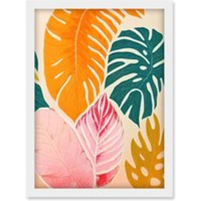 Boho Monstera Leaf Orange Pink And Green Artwork Framed Wall Art Print A4 - White - One Size