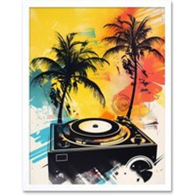 Wall Art Print Music Under Palm Trees Tropical Beach Party Modern Watercolour Painting Art Framed - White - W12 inch x H16 inch