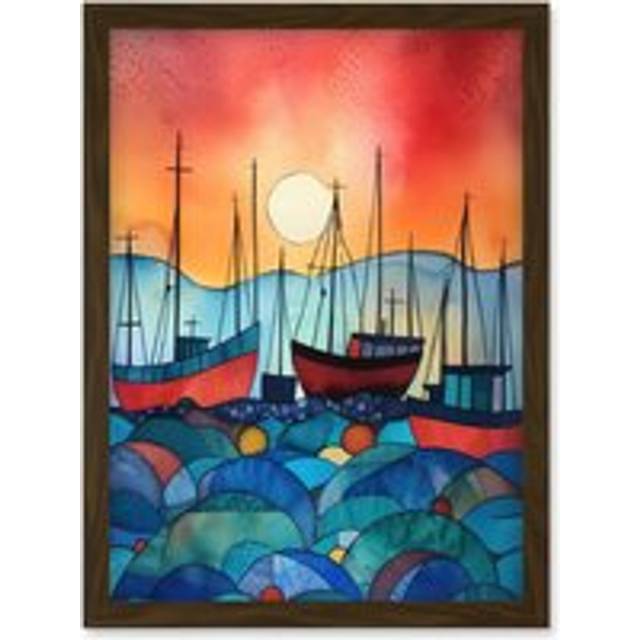 Fishing Boats At Sunset Folk Art Watercolour Painting Artwork Framed Wall Art Print A4 - Brown - One Size