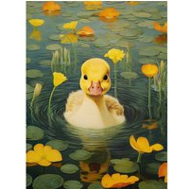 Wall Art Print Whirlpool Duckling Lily Pads and Flowers Kids Bedroom Nursery Artwork Poster - Yellow - W24 inch x H32 inch