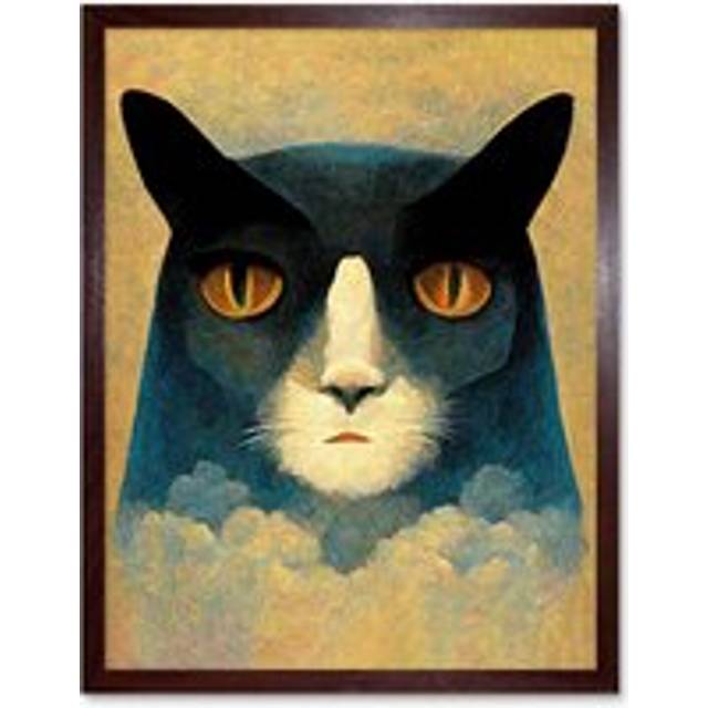 Wall Art Print Abstract Melancholy Cat In Clouds Art Framed - Brown - W12 inch x H16 inch