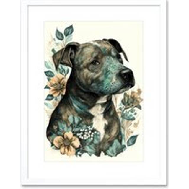 Wall Art Print Black Staffordshire Bull Terrier and Flowers Detailed Coloured Pencil Portrait Artwork Framed 9X7 Inch - White - W7 inch x H9 inch