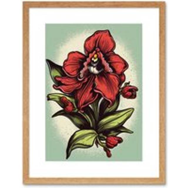 Wall Art Print Red Orchid Flower Old School USA Tattoo Ink Body Rockabilly Americana 50s Artwork Framed 9X7 Inch - Beige - W7 inch x H9 inch