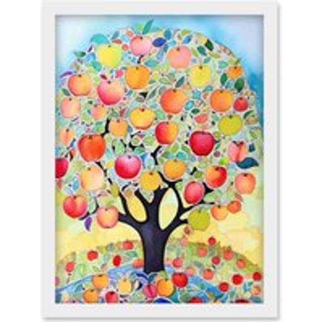 Apple Tree Fruit Harvest Day Folk Art Bright Watercolour Painting Artwork Framed Wall Art Print A4 - White - One Size