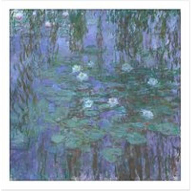 Wall Art Print Claude Monet Blue Water Lilies Painting Square Framed Picture 16X16 Inch - White - W16 inch x H16 inch