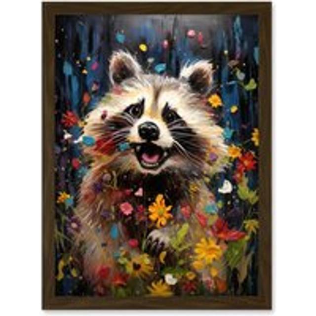 Wall Art Print Racoon Romp Playing in a Wildflower Meadow Oil Painting Running Through Flowers in Spring Quirky Portrait Artwork Framed A4 - Brown - A