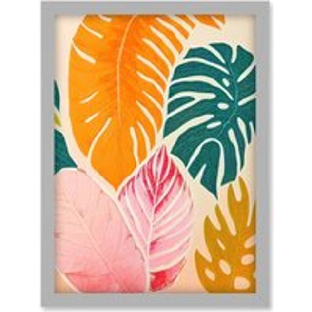 Boho Monstera Leaf Orange Pink And Green Artwork Framed Wall Art Print A4 - Grey - One Size