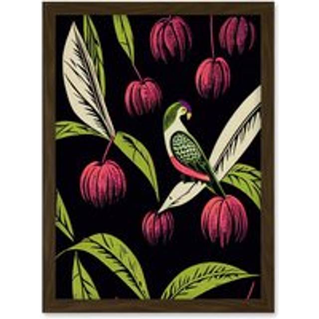 Parrot in Tree Fruit Bright Green and Pink Black Colour Linocut Illustration Modern Vintage Artwork Framed Wall Art Print A4 - Brown - One Size