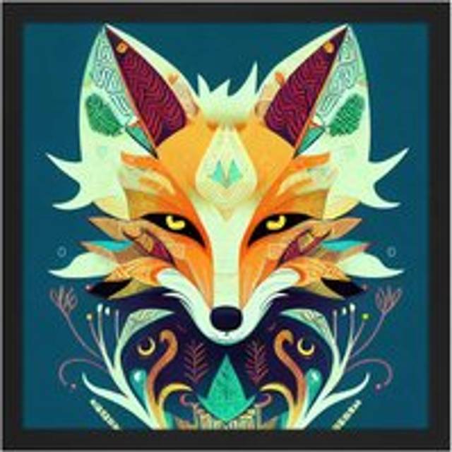 Wall Art Print Contemporary Folk Style Fox Abstract Face Portrait Orange Teal Square Framed Picture 16X16 Inch - Black - W16 inch x H16 inch