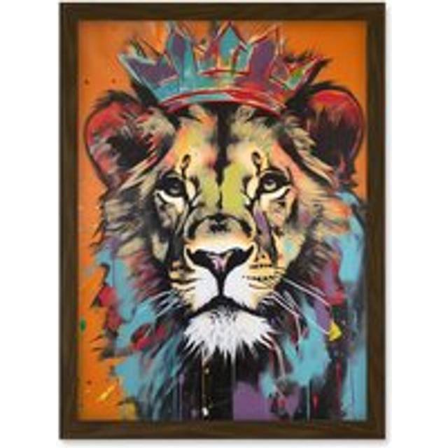 Lion Wearing Crown Jungle King Animal Portrait Artwork Framed Wall Art Print A4 - Brown - One Size