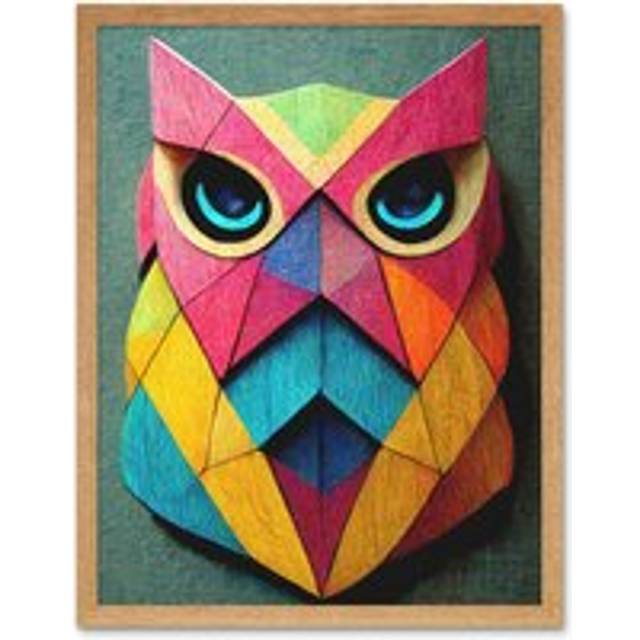 Wall Art Print Geometric Rainbow Owl Picture Abstract Multi Coloured Art Framed - Tan - W12 inch x H16 inch