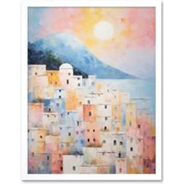 Wall Art Print Santorini Whitewashed Buildings Pastel Colour Oil Painting Orange Pink Blue Sunrise Fira Coastal City Art Framed - W12 inch x H16 inch