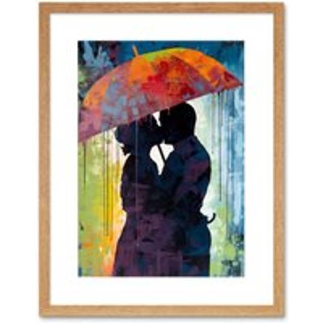 Wall Art Print Silhouette of a Couple Kissing Under an Umbrella Artwork Framed 9X7 Inch - Beige - W7 inch x H9 inch