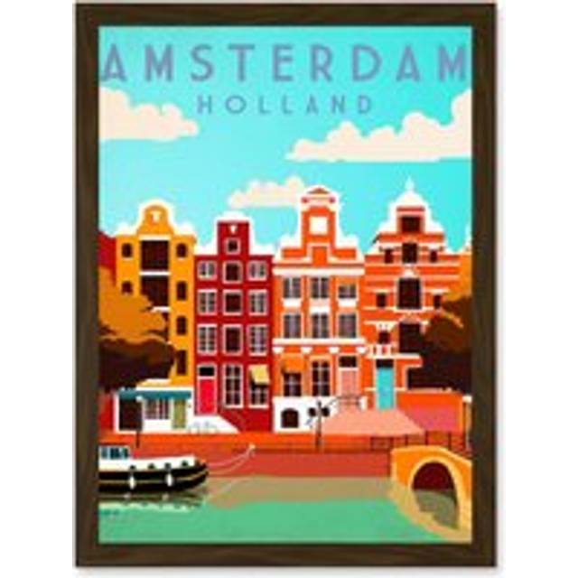 Travel Tourism Amsterdam Holland Netherlands Canal Boat Houses Colourful A4 Artwork Framed Wall Art Print - Brown - One Size