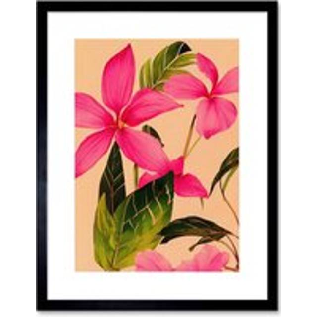 Wall Art Print Exotic Pink Plumeria Flower Plant Blooms Watercolour Pencil Artwork Framed 9X7 Inch - Black - W7 inch x H9 inch