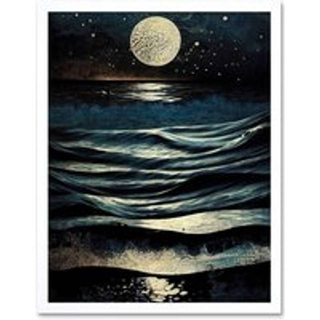 Wall Art Print Full Moon Rising Over Clear Night Sky Tidal Waves Art Framed - White - W12 inch x H16 inch