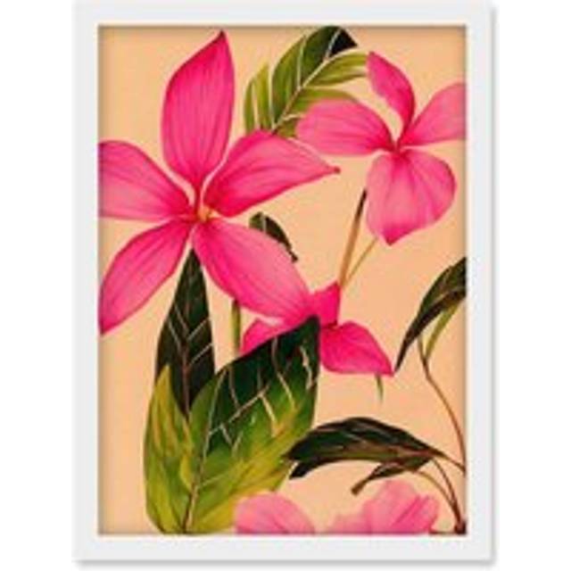Exotic Pink Plumeria Flower Plant Blooms Watercolour Pencil Illustration Artwork Framed Wall Art Print A4 - White - One Size