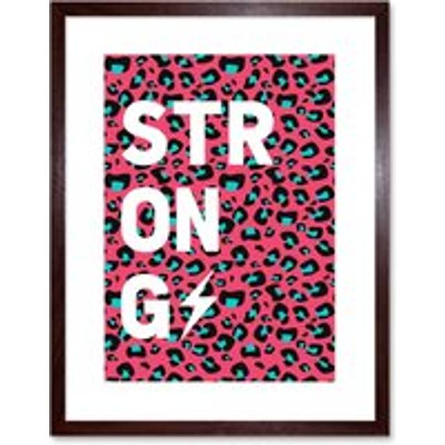 Wall Art Print Pink Teal Leopard Word Strong Art Framed 9x7 inch - Brown - W7 inch x H9 inch