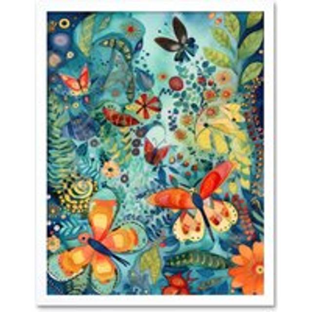 Wall Art Print Butterfly Insects in Flower Field Modern Folk Art Framed - White - W12 inch x H16 inch