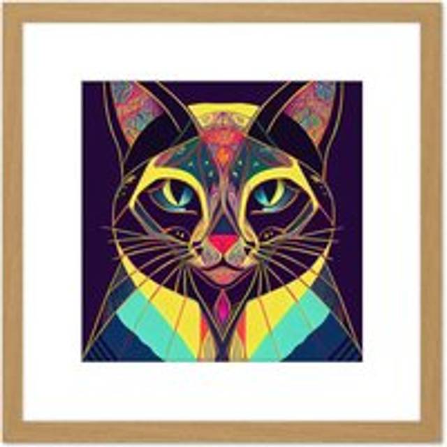 Colourful Multicoloured New Age Folk Style Cat Portrait Illustration Square Wooden Framed Wall Art Print Picture 8X8 Inch - Tan - One Size