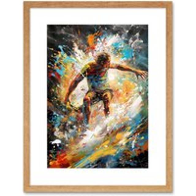 Wall Art Print Surfer Surfing on Crashing Waves Splatter Paint Artwork Framed 9X7 Inch - Beige - W7 inch x H9 inch