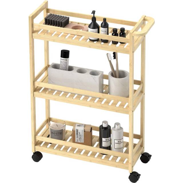 3-vånings serveringsvagn i bambu Köksvagn med hjul Utility-vagn med handtag Förvaringsvagn för kontor Vardagsrum Kök 55x20x75cm