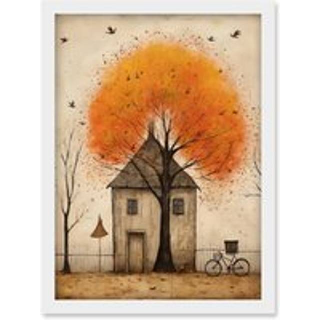 Wall Art Print Country House Autumn Tree Oil Painting Orange Brown Bicycle on Fence Rural Life Artwork Framed A4 - White - A4
