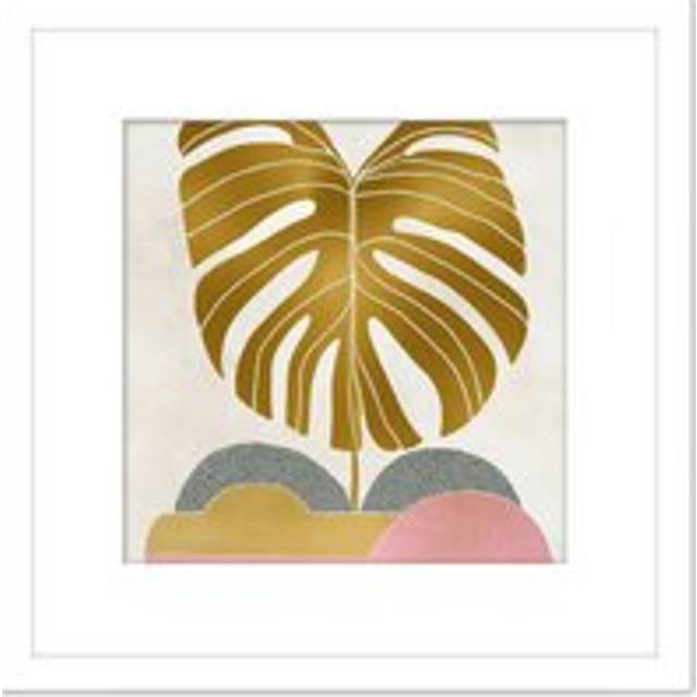 Gold Monstera Cheese Plant Leaf Plant Boho Bohemian Simple Style Painting Square Wooden Framed Wall Art Print Picture 8X8 Inch - White - One Size