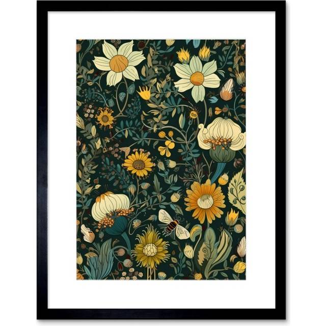 Wall Art Print Bee Flying over Flower Wildflower Spring Field Artwork Framed 9X7 Inch - Black - W7 inch x H9 inch