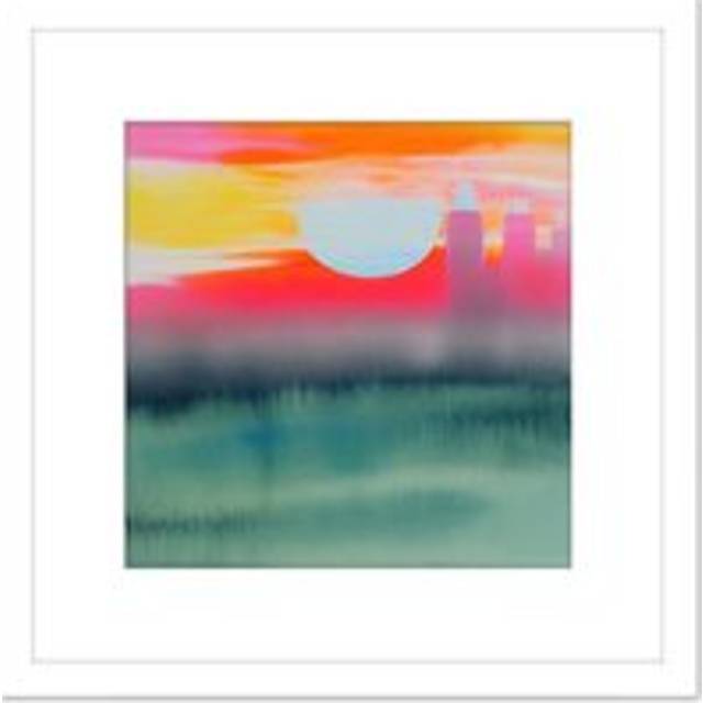 Sunset City Skyline Modern Abstract Bright Vibrant Pastel Watercolour Painting Square Wooden Framed Wall Art Print Picture 8X8 Inch - White - One Size