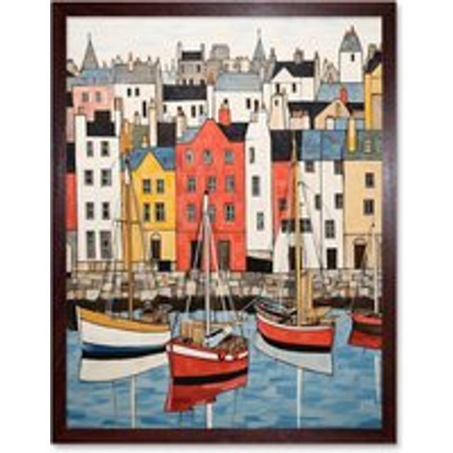 Wall Art Print Colourful Town Harbour Acrylic Painting Red Yellow Blue Fishing Boats Coastal Townscape Art Framed - Brown - W12 inch x H16 inch