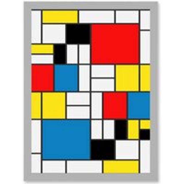 Mondrian Abstract Cubes Squares Red Yellow Blue A4 Artwork Framed Wall Art Print - Grey - One Size