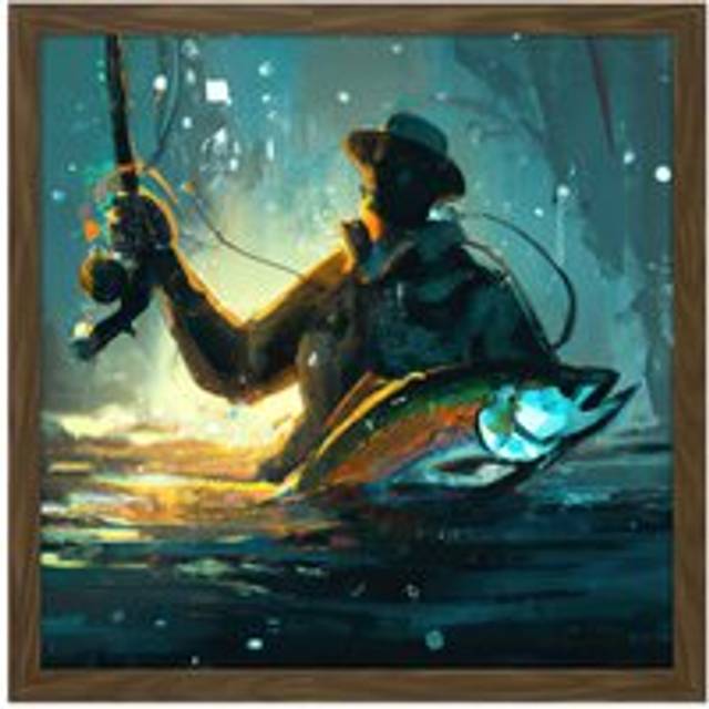 Wall Art Print Fly Rod Fishing Fisherman in Water With Large Fish Abstract Painting Square Framed Picture 16X16 Inch - Brown - W16 inch x H16 inch