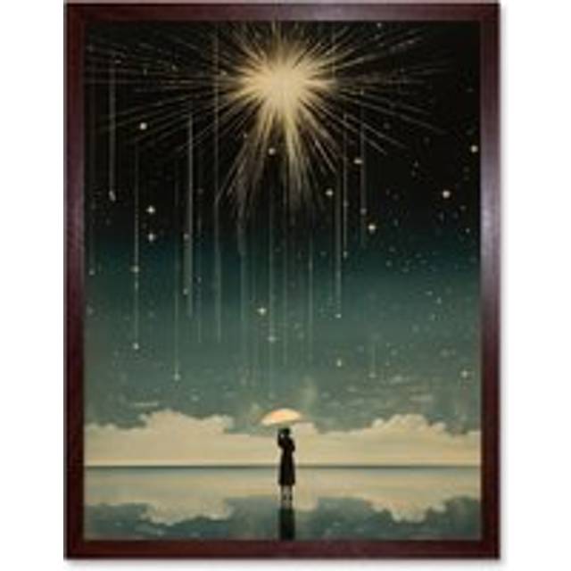 Wall Art Print Falling Star Rain Dreamy Artwork Bright Star Wish Woman with Umbrella Fairytale Dreamscape Art Framed - Brown - W12 inch x H16 inch