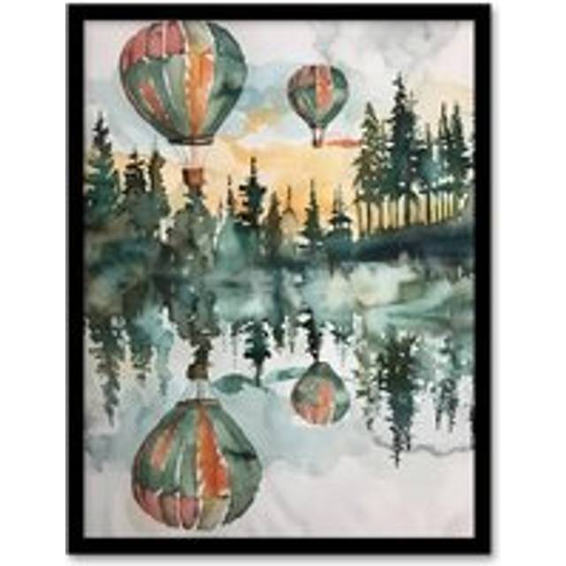 Hot Air Balloons Forest Lake Watercolour Painting Framed Wall Art - Green - A4