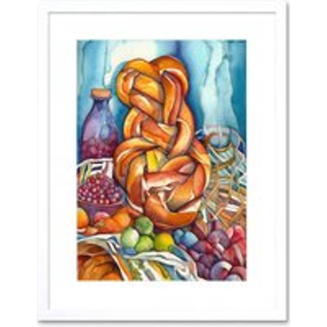 Wall Art Print Jewish Challah Bread And Fruit Folk Art Watercolour Painting Artwork Framed 9X7 Inch - White - W7 inch x H9 inch