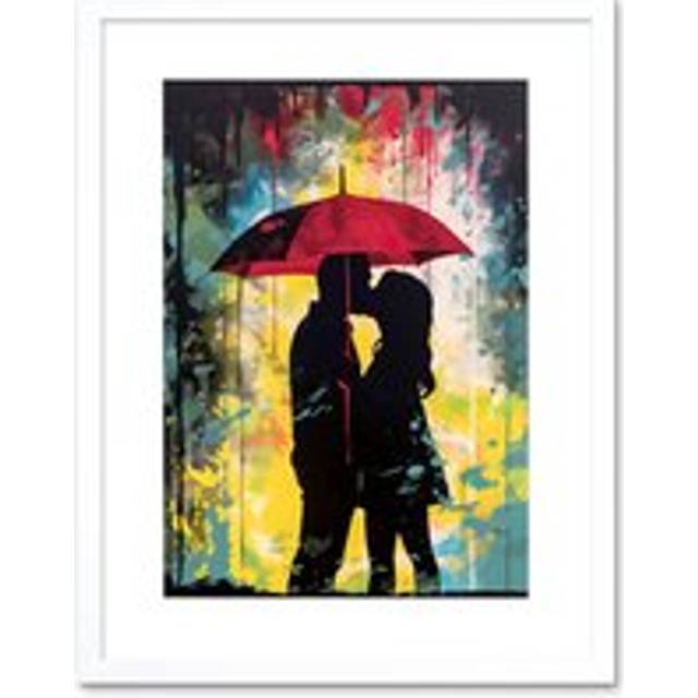 Wall Art Print Couple Silhouette Kissing Under a Red Umbrella Artwork Framed 9X7 Inch - White - W7 inch x H9 inch