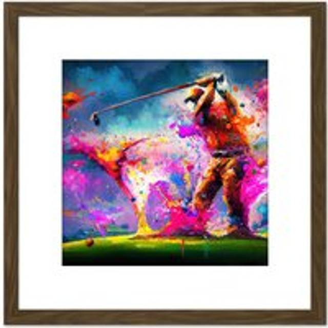 Abstract Splatter Art Golf Course Golfer Golfing Oil Painting Taking a Swing on Green Multicoloured Square Wooden Framed Wall Art Print Picture 8X8 In - Brown - One Size